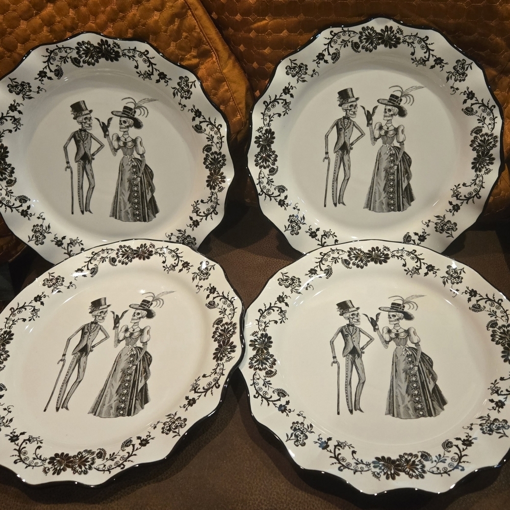 Potter's Studio Halloween VICTORIAN SKELETON (4-PC) Dinner Plates~ Scalloped/New - Picture 1 of 9